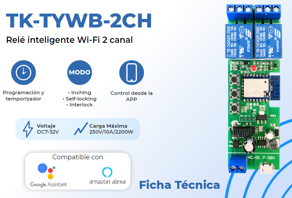 RELE INTELIGENTE WIFI 12-24VDC, 2 CONTACTOS DE SALIDA HASTA 10A TEKLINK TUYA TK-TYWB-2CH