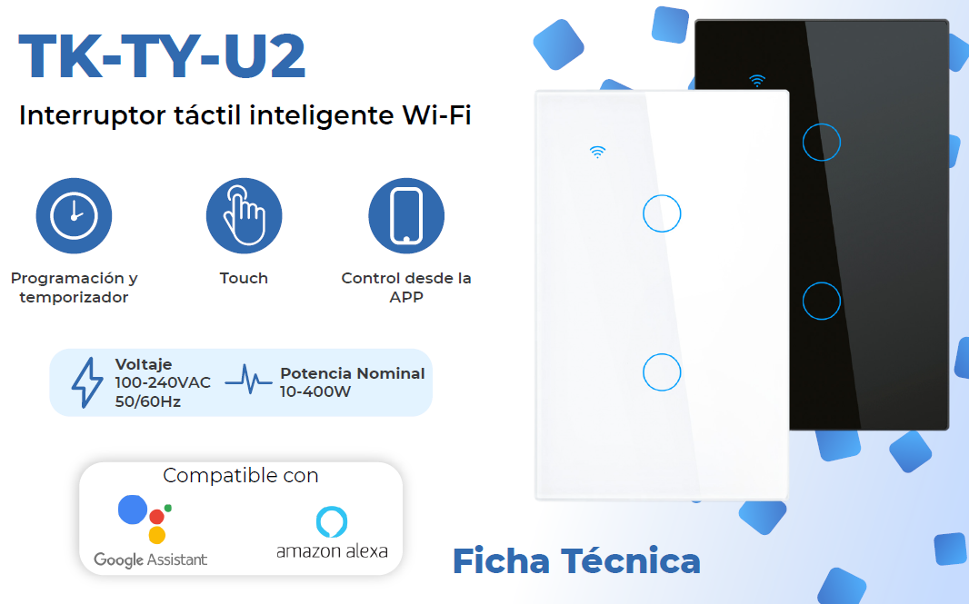 APAGADOR INTELIGENTE WIFI BLANCO 2 LUCES 400W TEKLINK TUYA TK-TY-U2 W