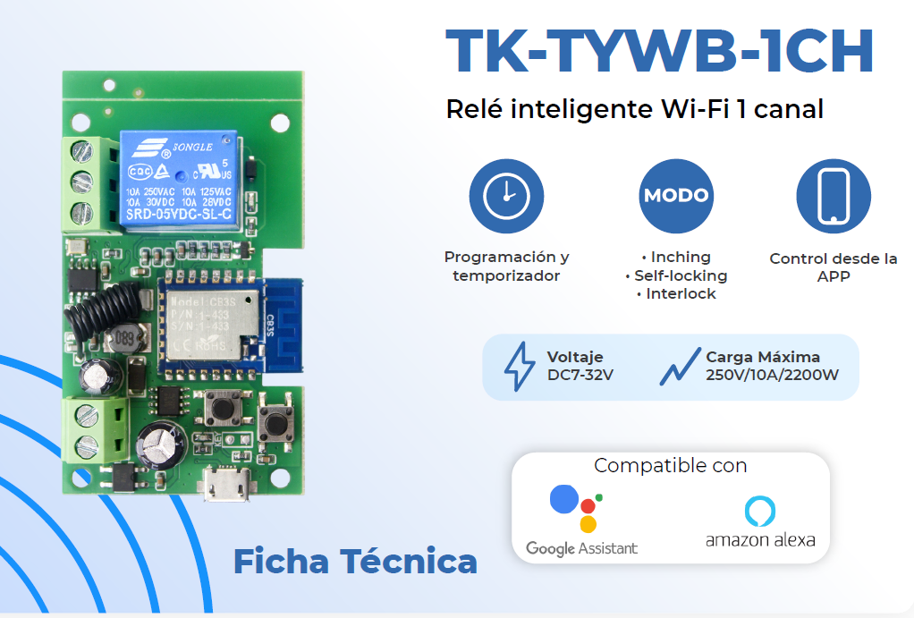 RELE INTELIGENTE WIFI 12-24VDC, 1 CONTACTO DE SALIDA HASTA 10A TEKLINK TUYA TK-TYWB-1CH