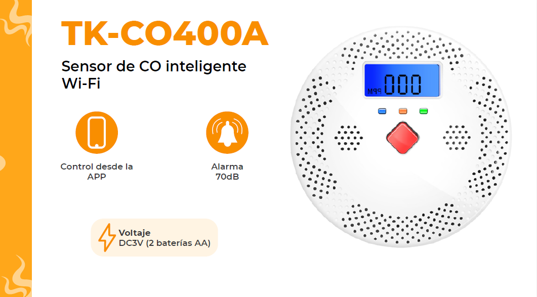 DETECTOR DE MONOXIDO DE CARBONO WIFI BATERIA AA TEKLINK TUYA TK-CO400A