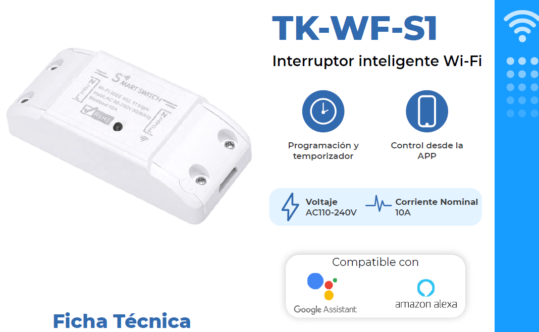 RELE INTELIGENTE WIFI SALIDA 110-240VAC 10A TEKLINK TUYA TK-WF-S1