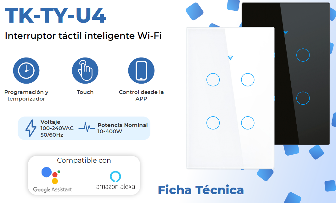 APAGADOR INTELIGENTE BLANCO WIFI 4 LUCES 400W TEKLINK TUYA TK-TY-U4