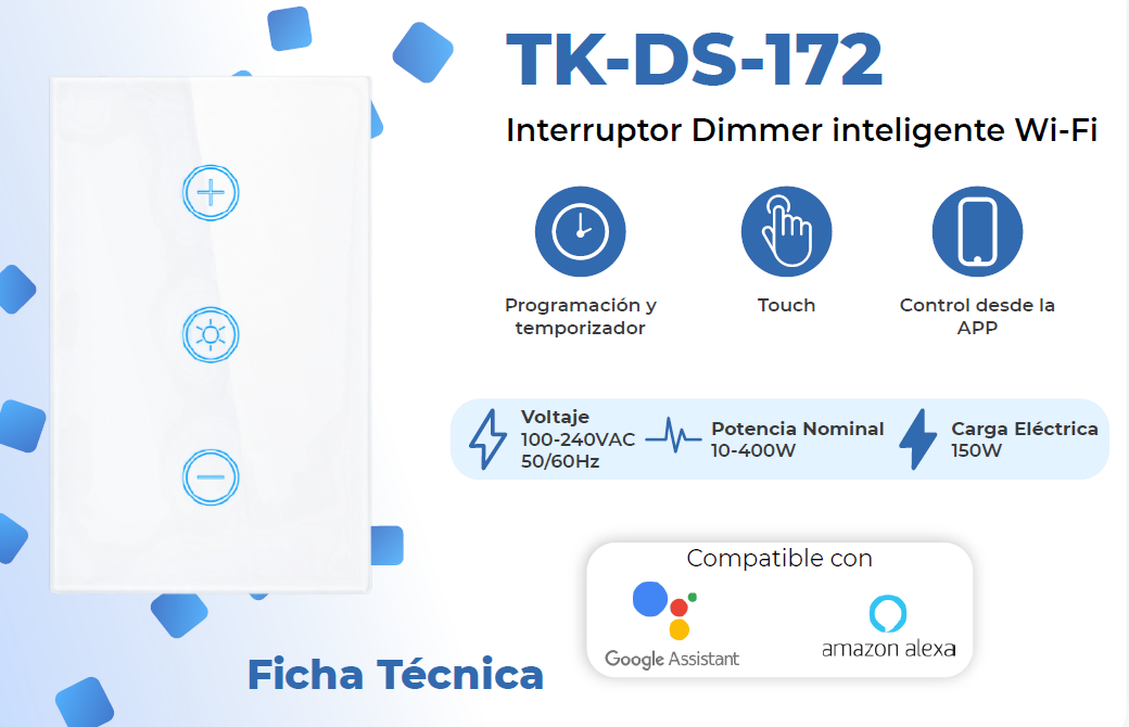 APAGADOR INTELIGENTE WIFI 3 LUCES CON DIMMER 150W TEKLINK TUYA TK-DS-172