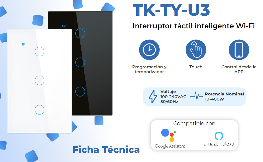 APAGADOR INTELIGENTE BLANCO WIFI 3 LUCES 400W TEKLINK TUYA TK-TY-U3