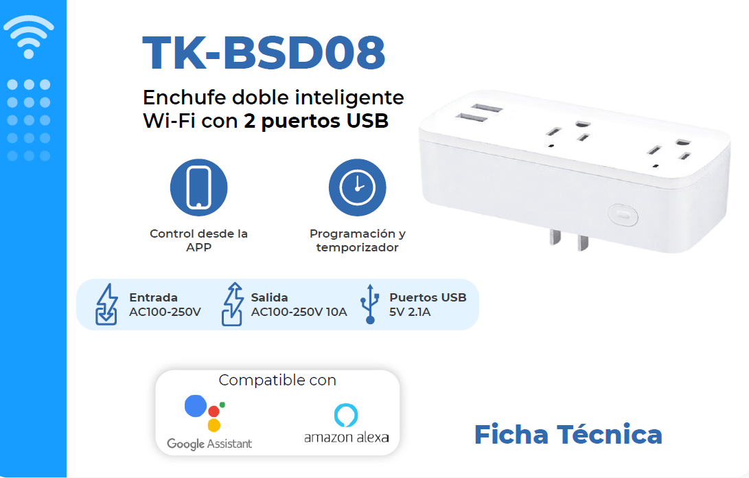ENCHUFE INTELIGENTE WIFI 2 TOMAS 10A 2 USB 2A TEKLINK TUYA TK-BSD08