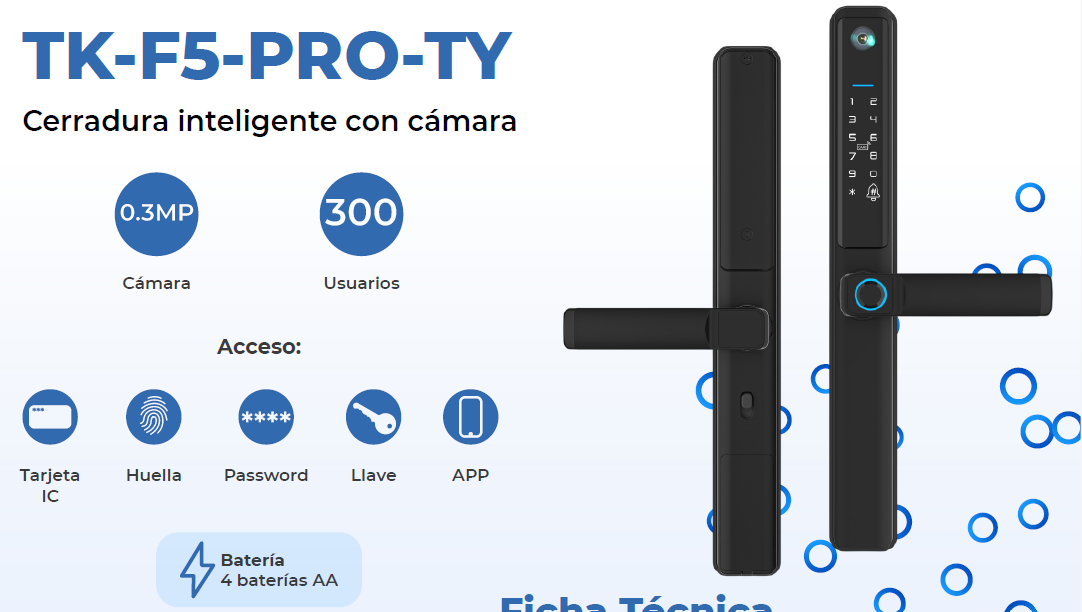 CERRADURA + CAMARA WIFI HUELLA+CODIGO+TARJETA+APP 300 USUARIOS BATERIA AA TEKLINK TUYA TK-F5 PRO-TY