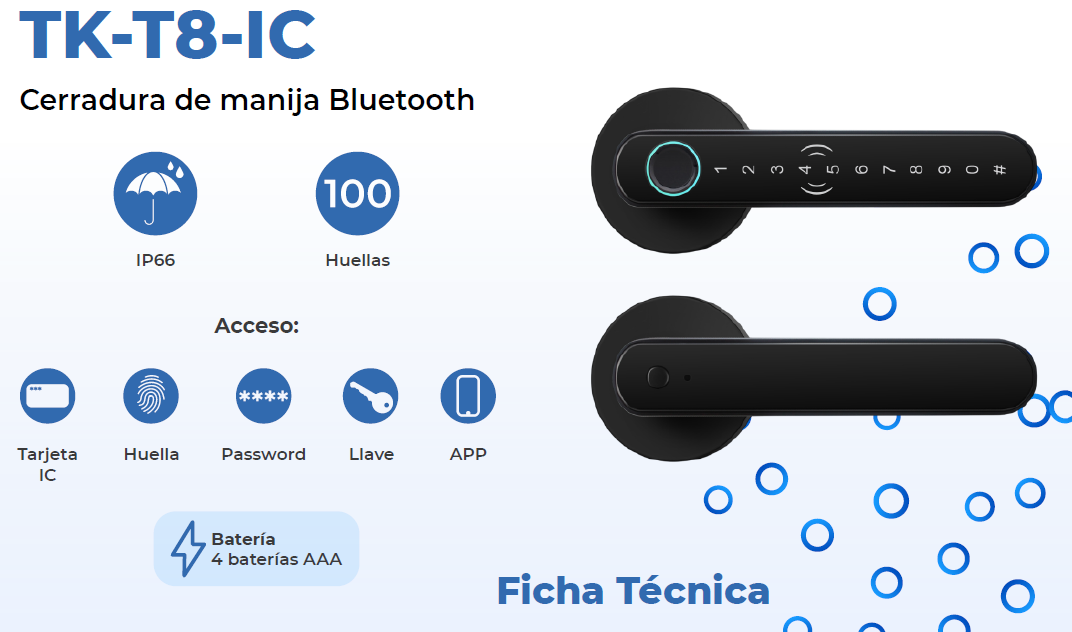LLAVIN MANIJA INTELIGENTE BLUETOOTH HUELLA + CODIGO 1000 USUARIOS TEKLINK TUYA TK-T8-IC