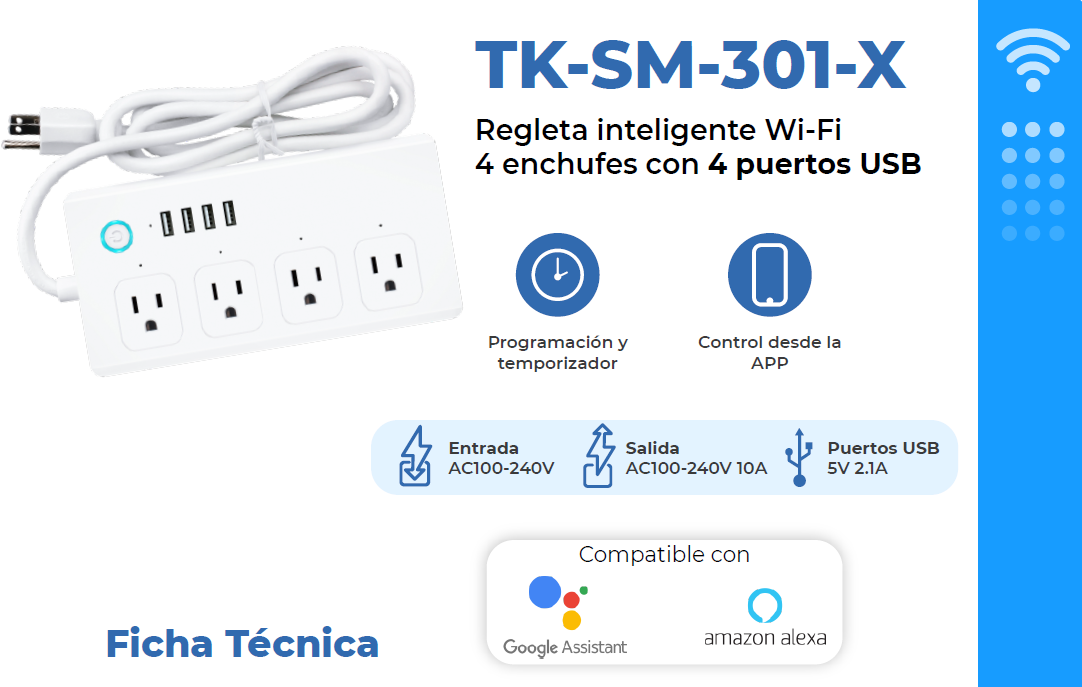 REGLETA INTELIGENTE WIFI 4 TOMAS 2 USB A + 2 USB C TEKLINK TUYA TK-SM-301-X
