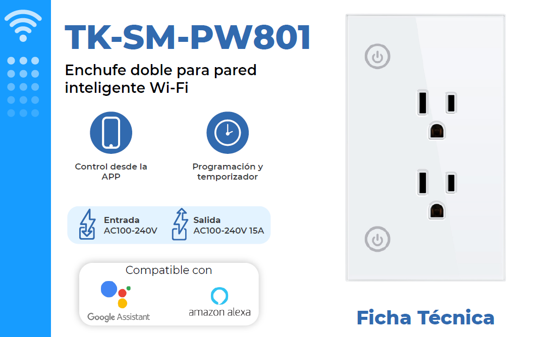 TOMA CORRIENTE EMPOTABLE INTELIGENTE WIFI 2 TOMAS 15A TEKLINK TUYA TK-SM-PW801