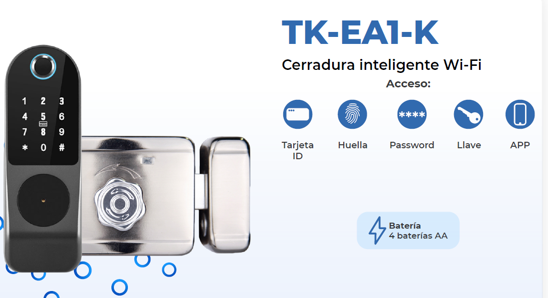CERRADURA LLAVIN INTELIGENTE WIFI HUELLA+CODIGO+TARJETA 1000 USUARIOS TEKLINK TUYA TK-EA1-K