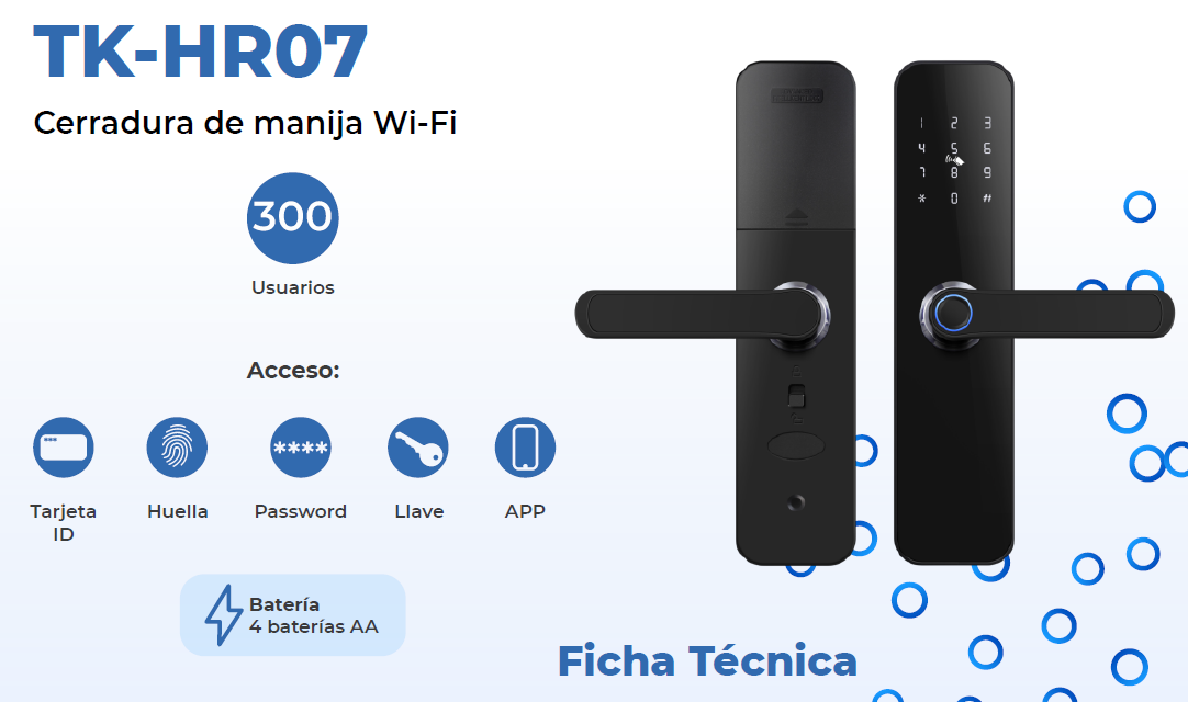 CERRADURA WIFI PANTALLA HUELLA+CODIGO+TARJETA+APP 300 USUARIOS BATERIA AA TEKLINK TUYA TK-HR07