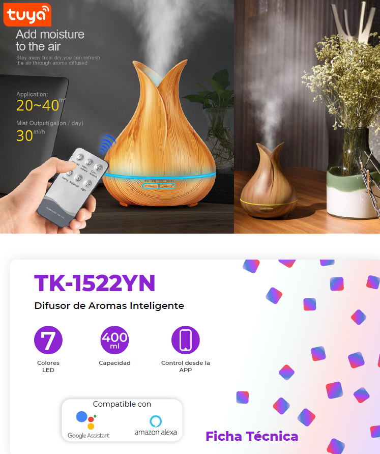 DIFUSOR DE AROMAS INTELIGENTE WIFI 24VDC 3 LUCES COLOR MADERA TEKLINK TUYA TK-1522YN