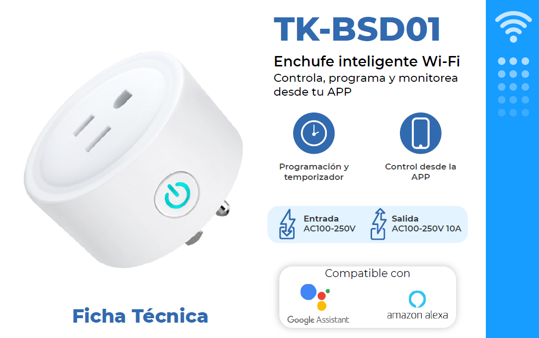 ENCHUFE INTELIGENTE WIFI 1 TOMA 110-250VAC 10A TEKLINK TUYA TK-BSD01