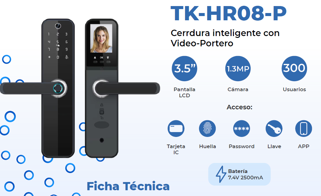 CERRADURA+CAMARA WIFI PANTALLA HUELLA+CODIGO+TARJETA+APP 300USER RECARGABLE TEKLINK TUYA TK-HR08-P