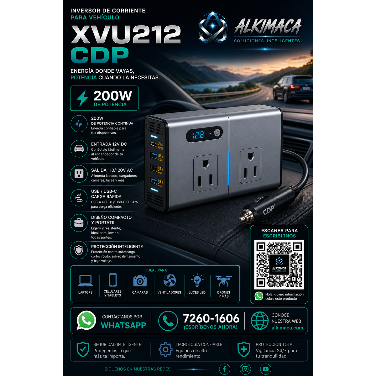 Cargador Rápido CDP Inversor 200W 3 Puertos USB para Carro